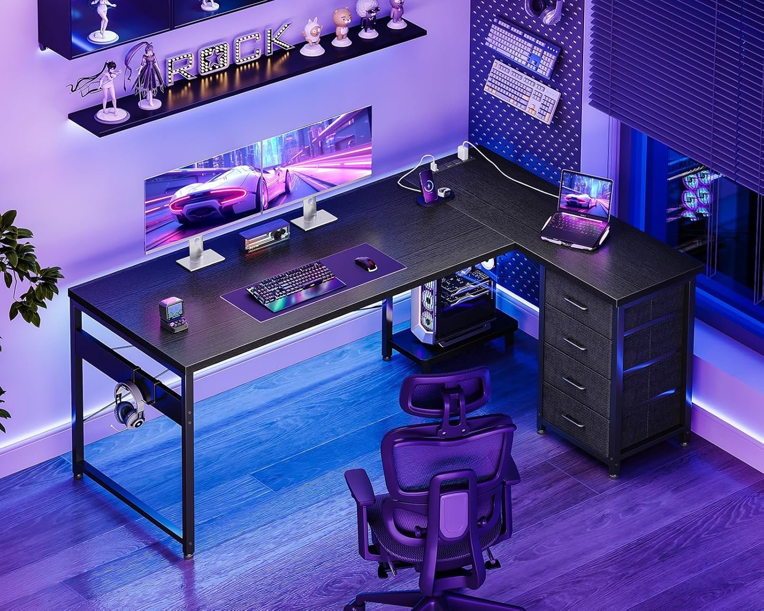 AODK L Shaped Gaming Desk with 4 Drawers, 61" Reversible Home Office Desks with Power Outlets, L Shaped Computer Desk with USB Charging Port and Host Stand, Corner Desk, Easy to Assemble, Black - Image 3