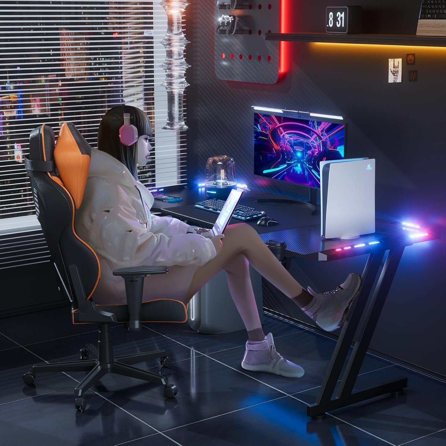 HLDIRECT 47 Inch Gaming Desk with LED Lights, Large RGB Computer Gaming Desk Table with Cup Holder Headphone Hook Mouse Pad, Ergonomic Modern Carbon Fiber Mesa Gamer Pc Work Home Office Desks, Black - Image 3
