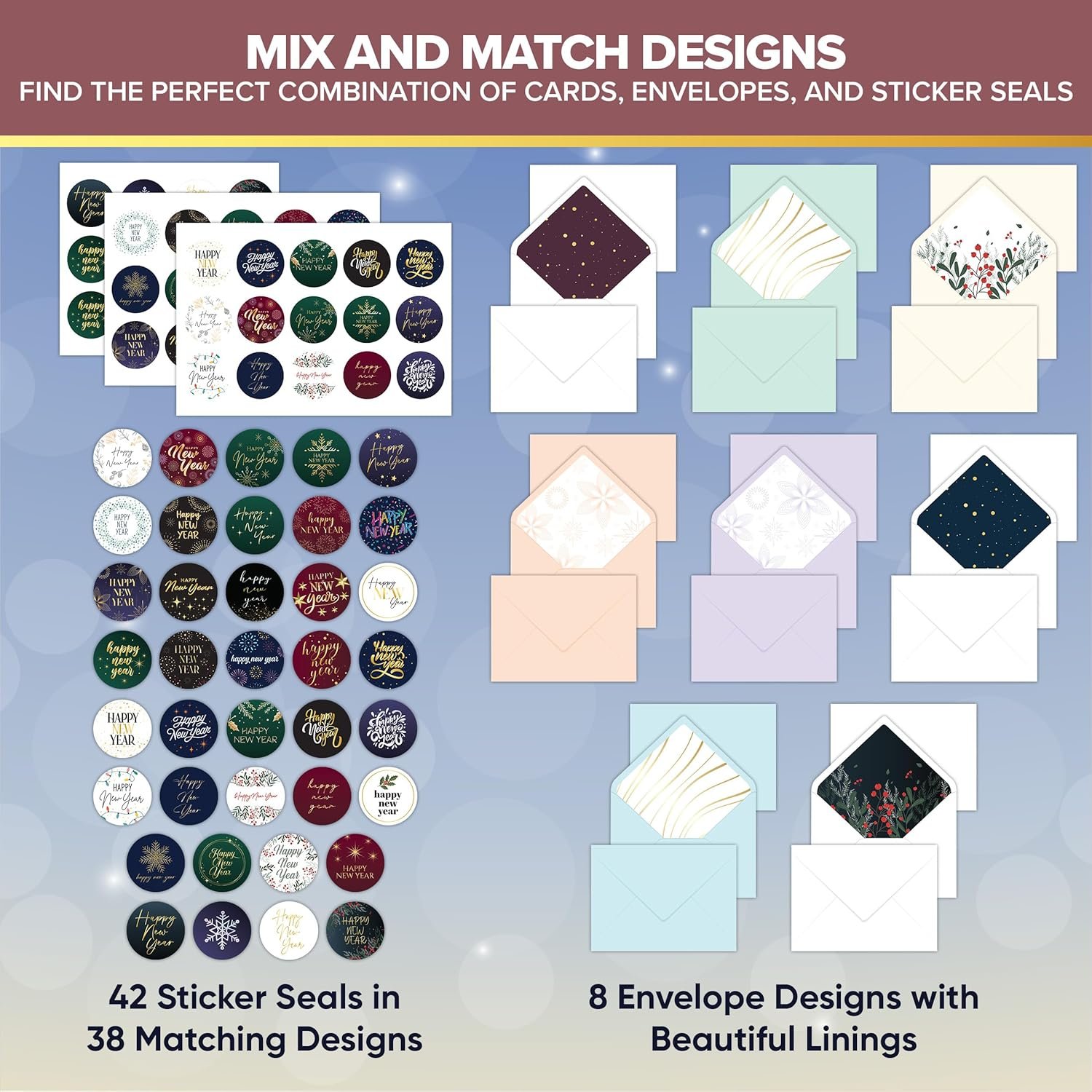 Decorably 40 Pack Foiled 5x7in Happy New Year Cards Bulk with Envelopes and Stickers, 40 Unique Festive Designs Happy New Years Cards, with Printed Message Inside - Image 7