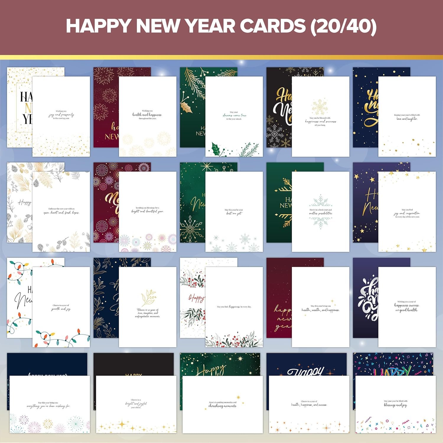 Decorably 40 Pack Foiled 5x7in Happy New Year Cards Bulk with Envelopes and Stickers, 40 Unique Festive Designs Happy New Years Cards, with Printed Message Inside - Image 3