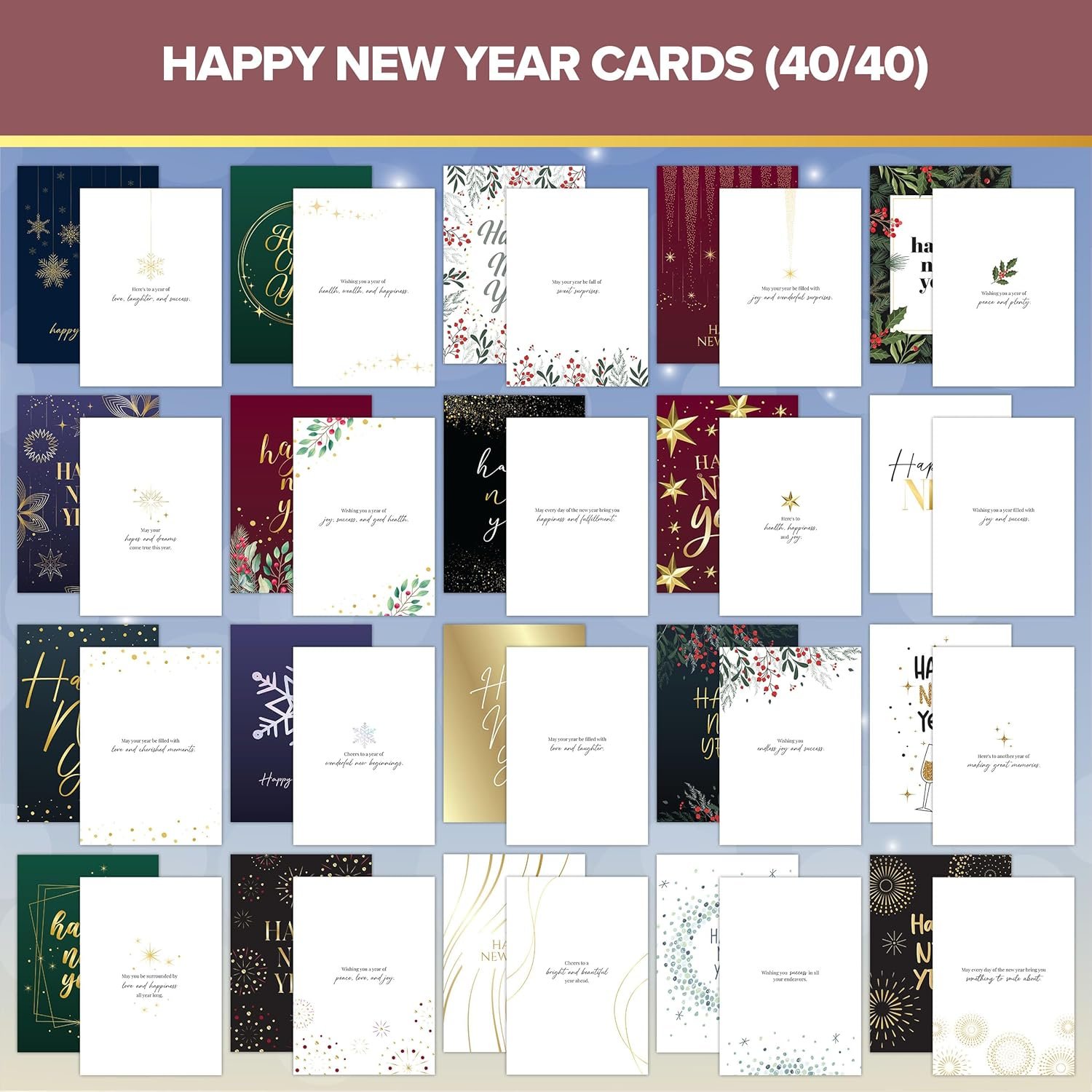 Decorably 40 Pack Foiled 5x7in Happy New Year Cards Bulk with Envelopes and Stickers, 40 Unique Festive Designs Happy New Years Cards, with Printed Message Inside - Image 4