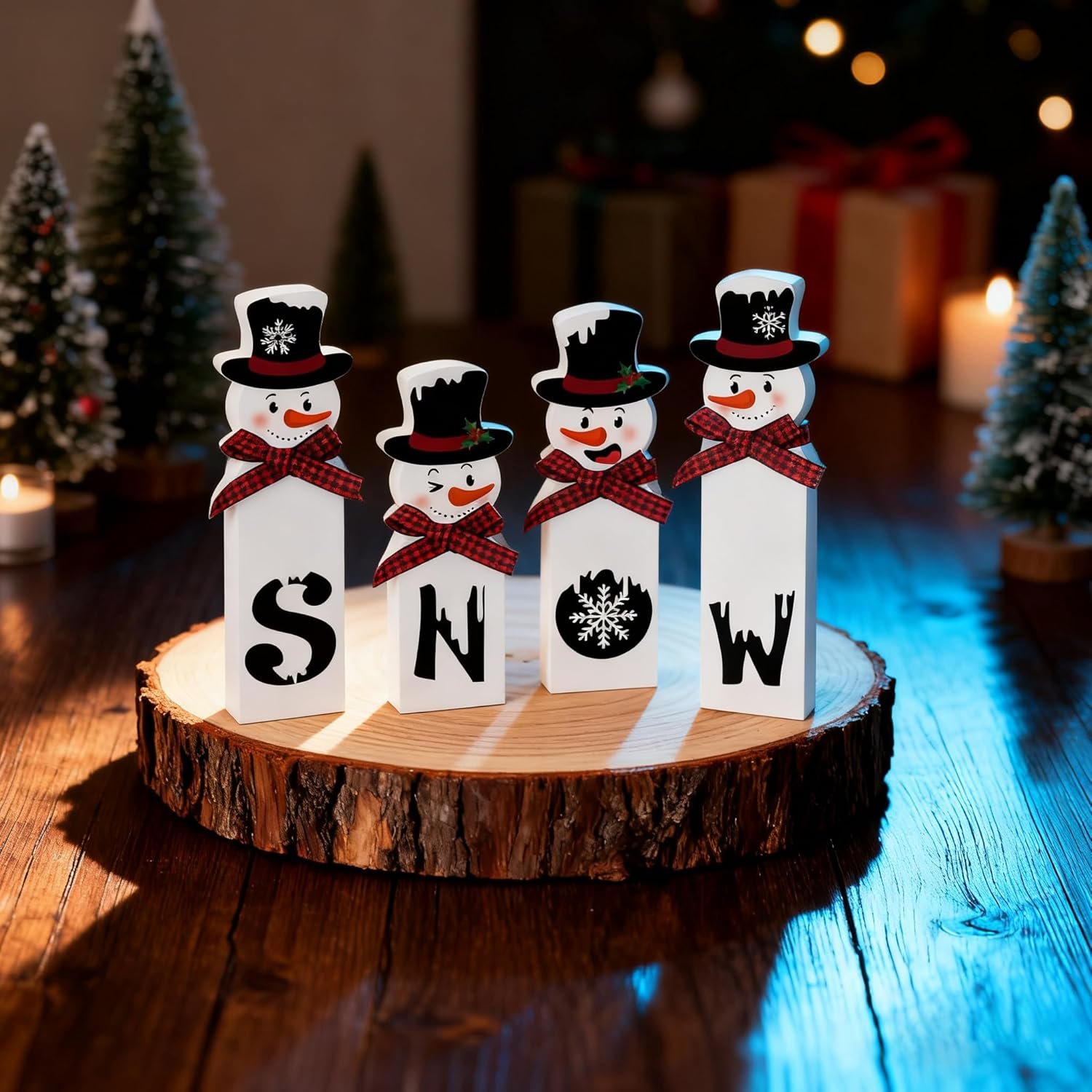 Christmas Wooden Snowman Decorations Indoor – 4 Pcs Snowman Block Merry Christmas Sign – Rustic Winter Tiered Tray Decor Table Centerpiece for Mantel Kitchen Holiday Home Decorations - Image 3