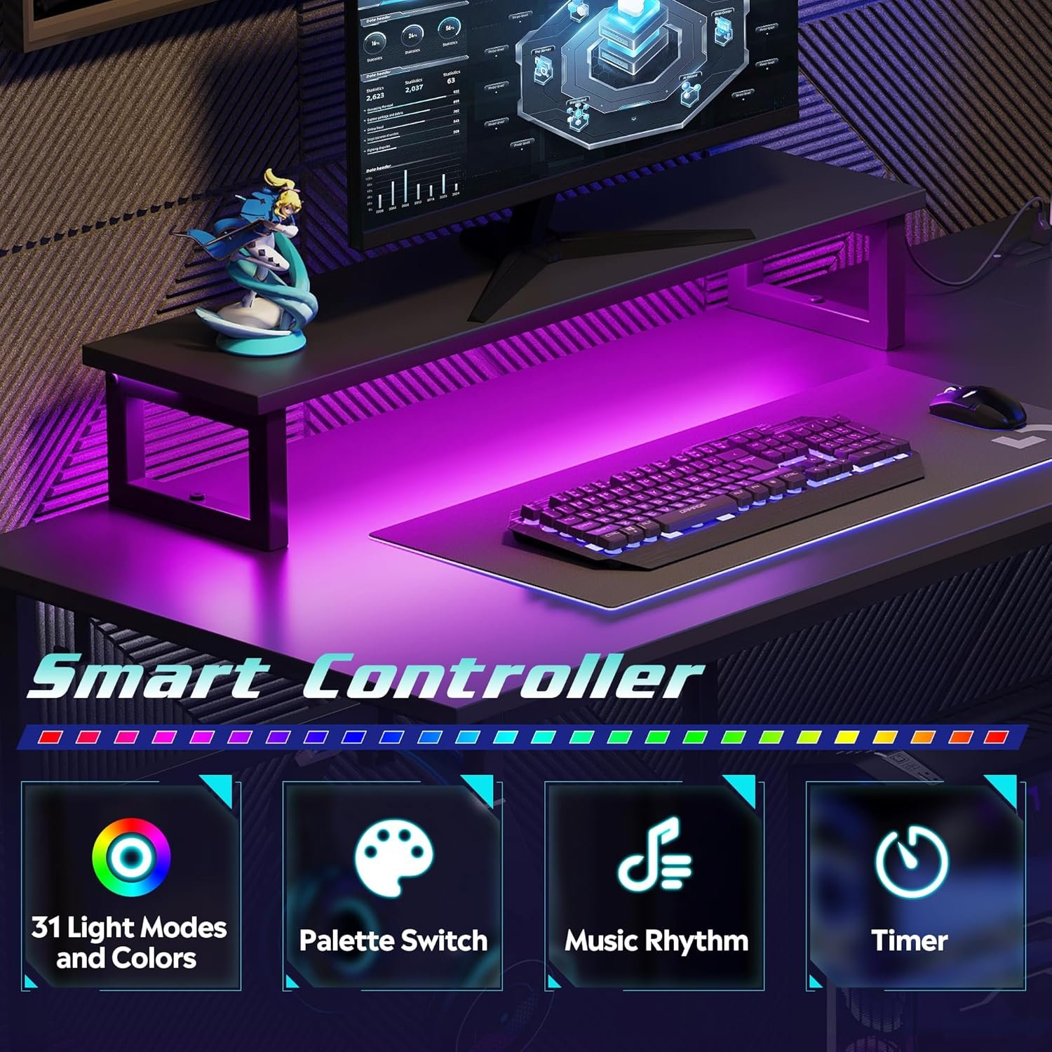 DEVAISE 47 Inch L Shaped Gaming Desk with LED Lights & Power Outlets, Corner Desk for Small Spaces, Sturdy PC Computer Table with Storage for Home Office, Black - Image 5