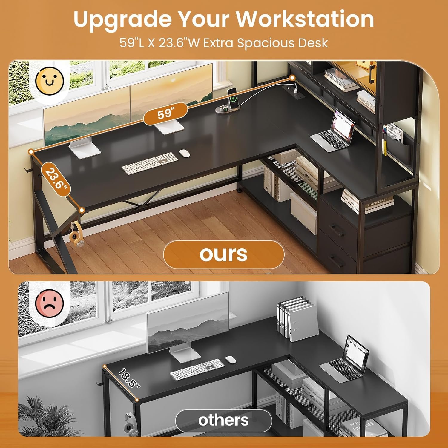 SEDETA L Shaped Gaming Desk, Home Office Computer Desk with 2 Drawer and Bookshelf, L Shaped Gaming Desk with LED Light, Glass Cabinet and Storage Bag, Corner Desk with Storage Shelves, Black - Image 6