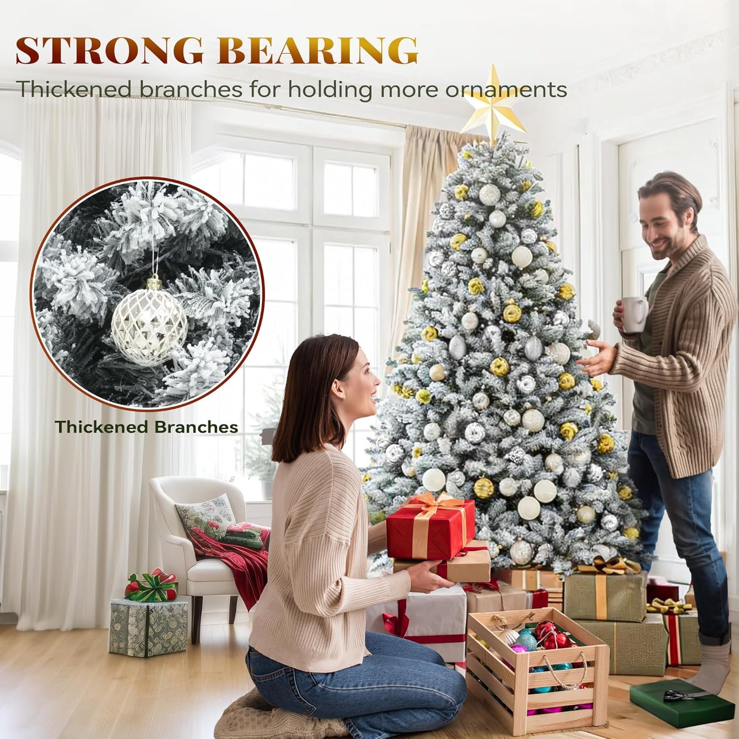 YITAHOME Prelit Snow Flocked Artificial Full Christmas Tree 6ft with Remote Control, Christmas Pine Tree with 11 Light-Modes, 1000 Branch Tips, Foldable Base for Home, Party Decoration - Image 8