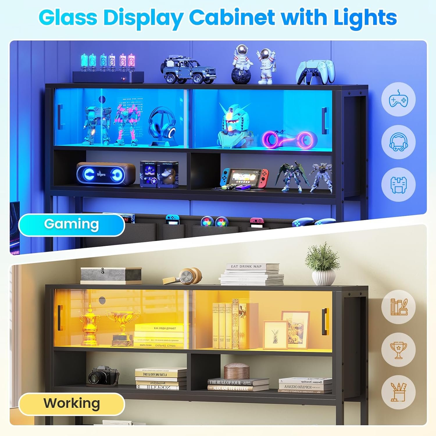 SEDETA L Shaped Gaming Desk, Home Office Computer Desk with 2 Drawer and Bookshelf, L Shaped Gaming Desk with LED Light, Glass Cabinet and Storage Bag, Corner Desk with Storage Shelves, Black - Image 8