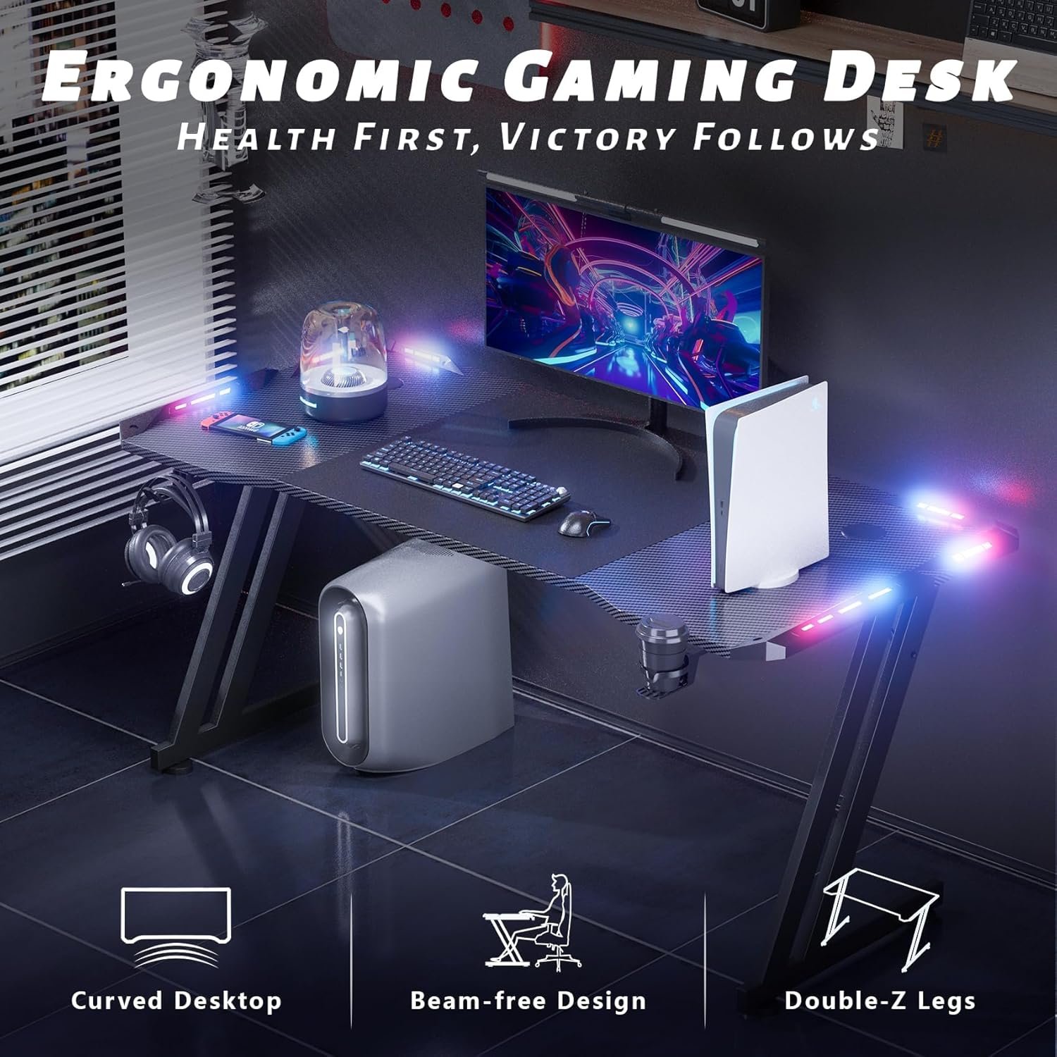 HLDIRECT 47 Inch Gaming Desk with LED Lights, Large RGB Computer Gaming Desk Table with Cup Holder Headphone Hook Mouse Pad, Ergonomic Modern Carbon Fiber Mesa Gamer Pc Work Home Office Desks, Black - Image 6