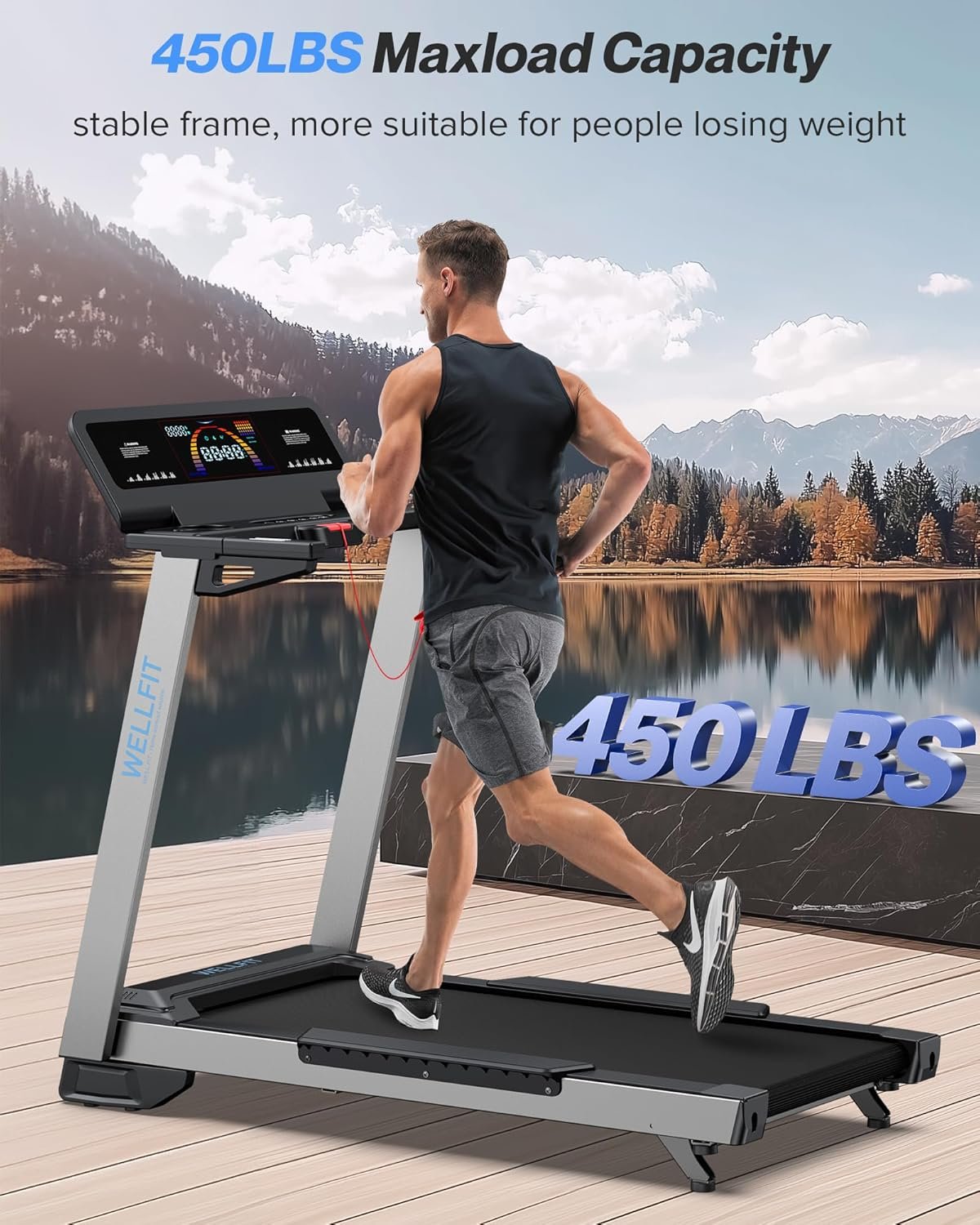 WELLFIT Home Treadmill, 2 Level Incline Heavyduty Treadmill with Pulse Sensor, 4.0 HP, 10 MPH, 450 lbs Capacity, 20'' x 45'' Running Area Treadmills with Bluetooth Player & LED Display - Image 3