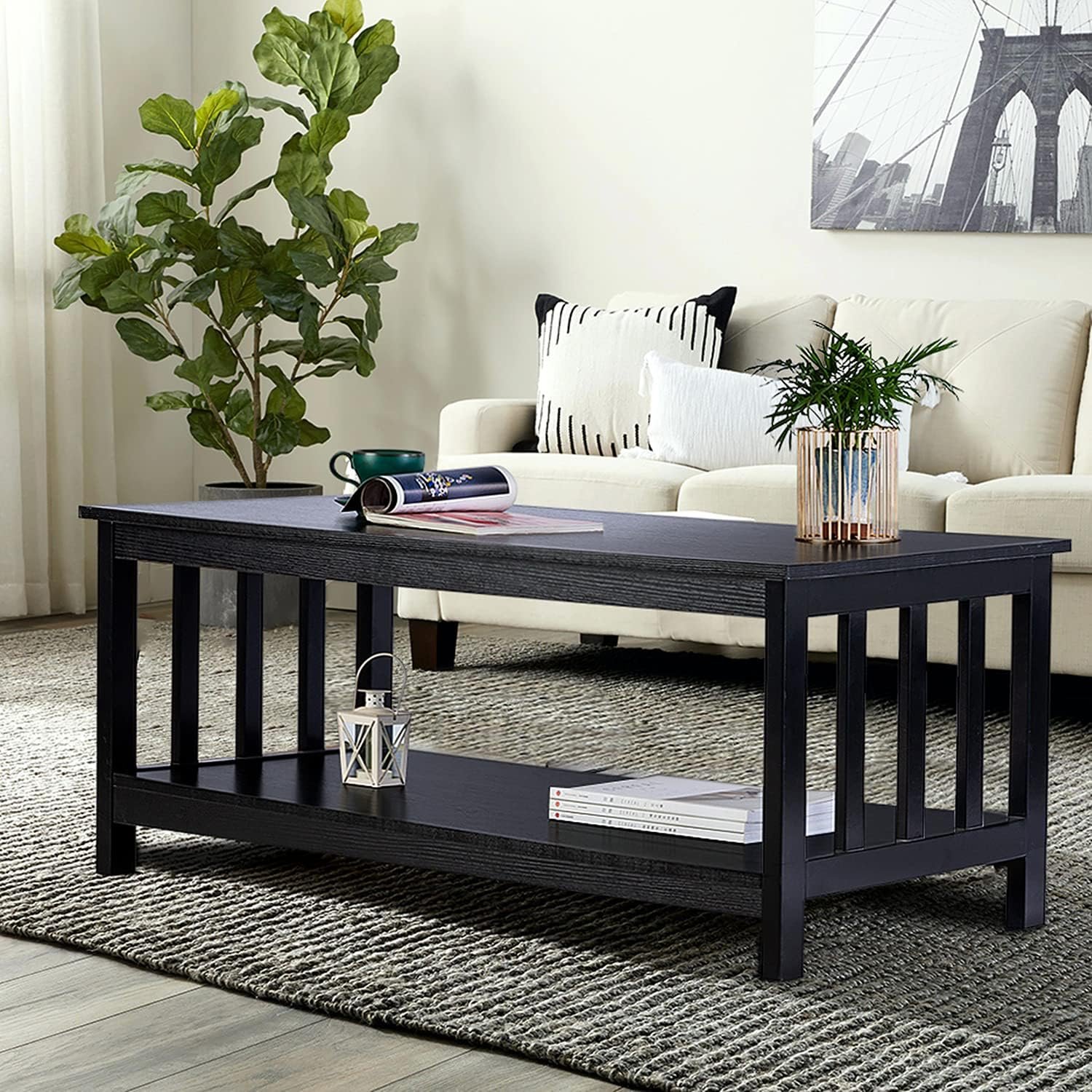 ChooChoo Mission Coffee Table, Black Wood Living Room Table with Shelf, 40 Black - Image 7