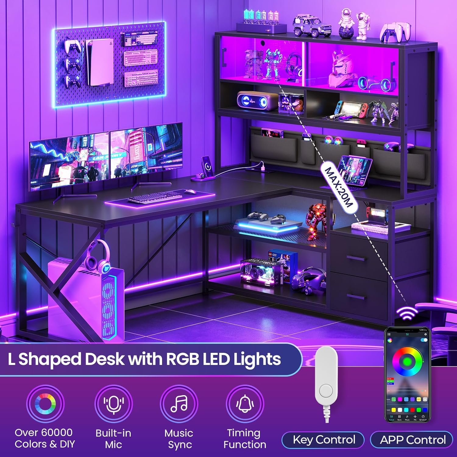 SEDETA L Shaped Gaming Desk, Home Office Computer Desk with 2 Drawer and Bookshelf, L Shaped Gaming Desk with LED Light, Glass Cabinet and Storage Bag, Corner Desk with Storage Shelves, Black - Image 10