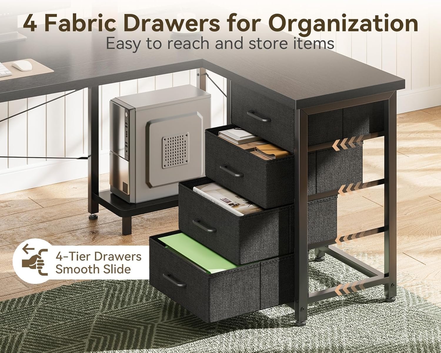 AODK L Shaped Gaming Desk with 4 Drawers, 61" Reversible Home Office Desks with Power Outlets, L Shaped Computer Desk with USB Charging Port and Host Stand, Corner Desk, Easy to Assemble, Black - Image 7