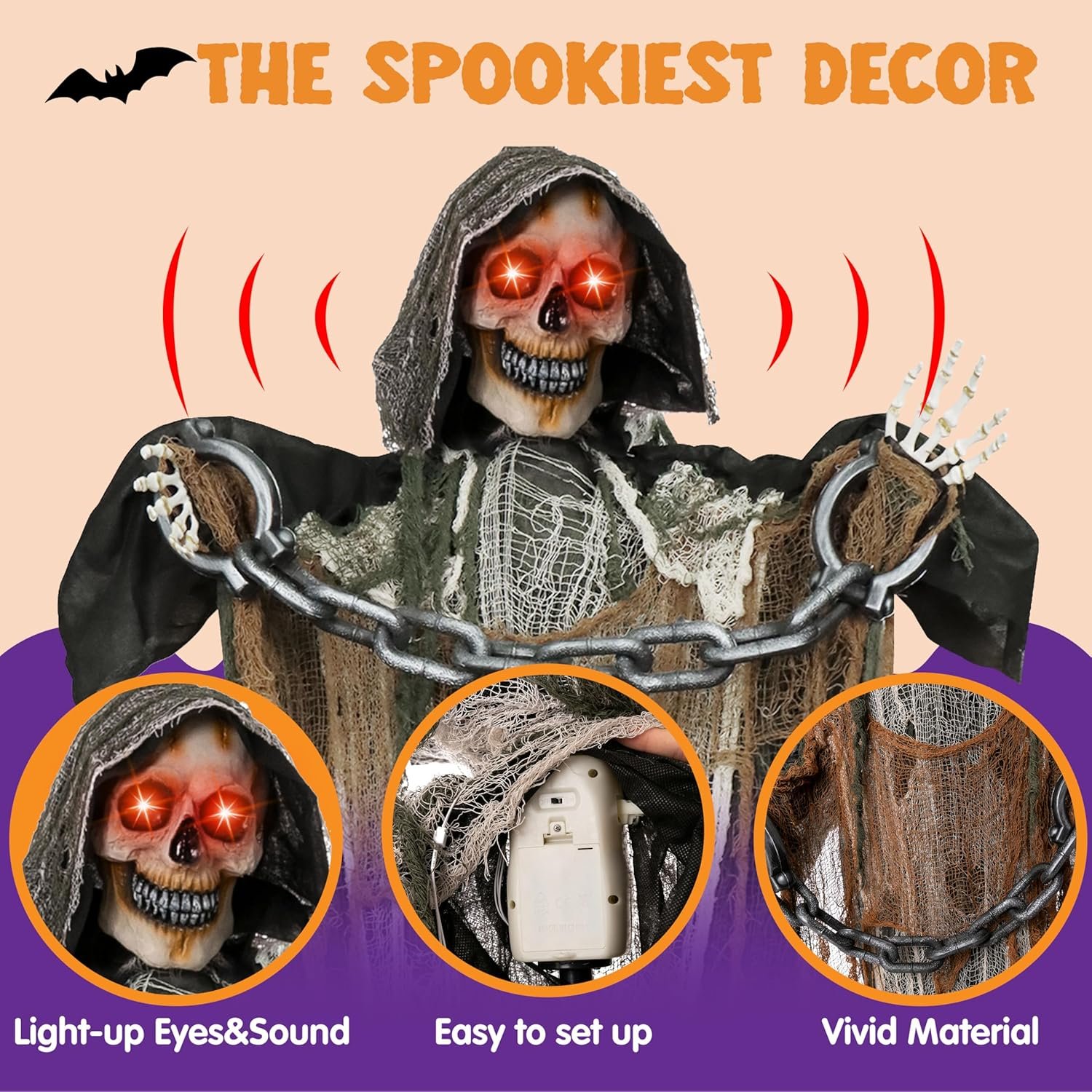 JOYIN 67" Halloween Decorations Outdoor Life Size Animatronics Grim Reaper with Chain, Sound-Actived Party Decor with Creepy Sound, Scary Haunted House Props for Garden Yard Lawn - Image 4