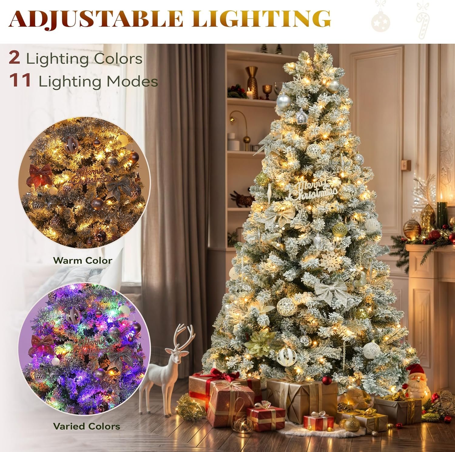 YITAHOME Prelit Snow Flocked Artificial Full Christmas Tree 6ft with Remote Control, Christmas Pine Tree with 11 Light-Modes, 1000 Branch Tips, Foldable Base for Home, Party Decoration - Image 4