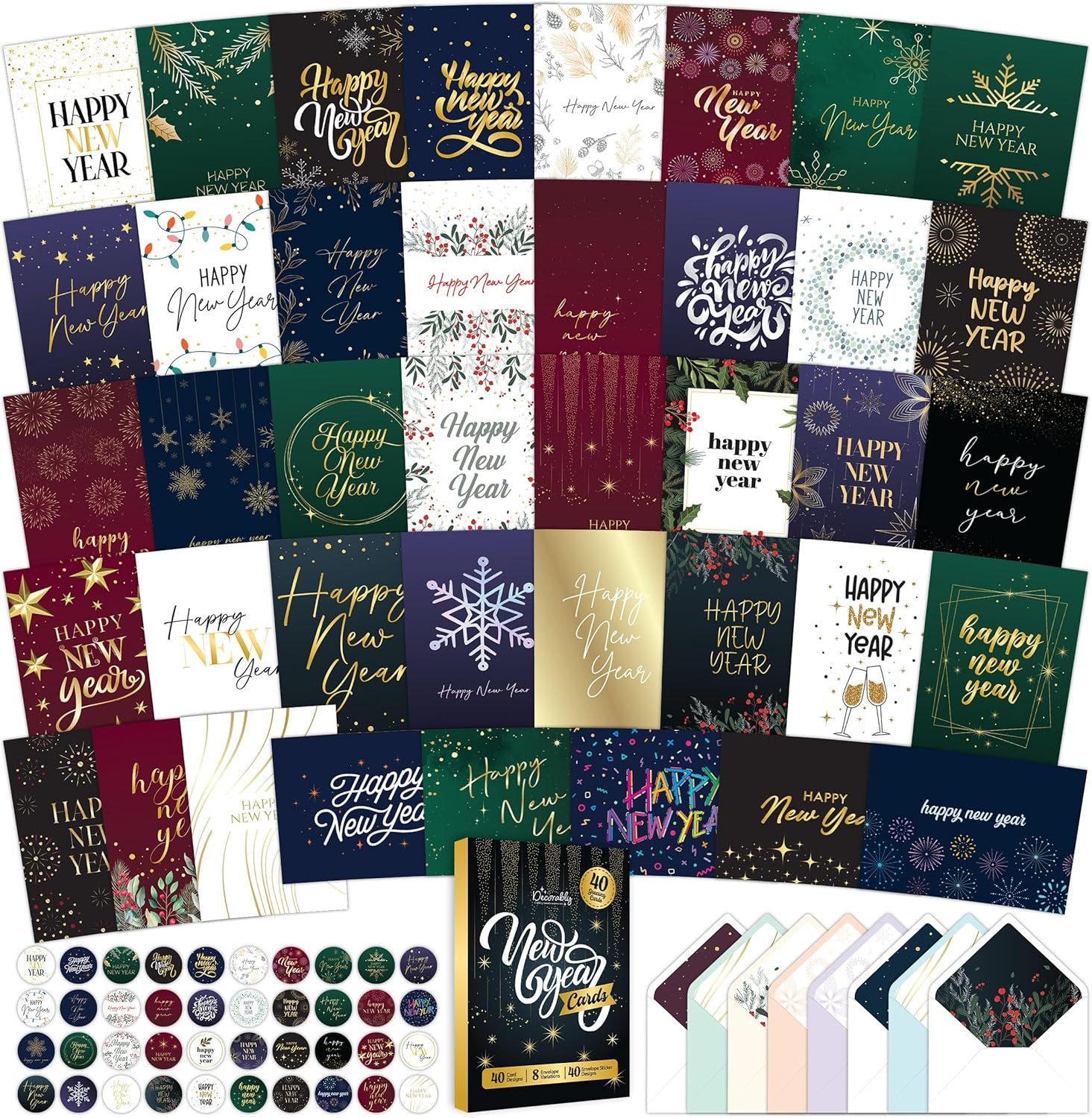 Decorably 40 Pack Foiled 5x7in Happy New Year Cards Bulk with Envelopes and Stickers, 40 Unique Festive Designs Happy New Years Cards, with Printed Message Inside - Image 2