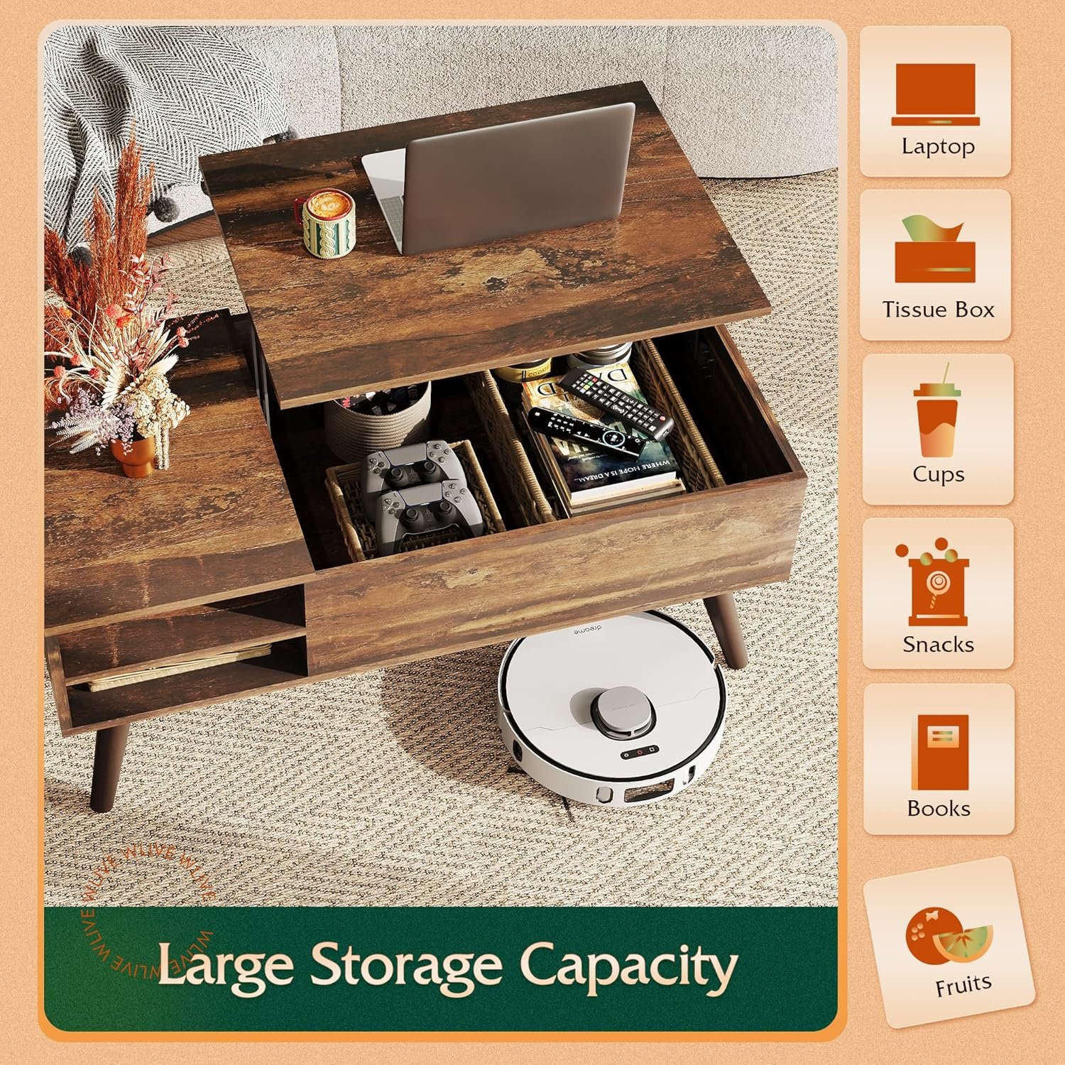 WLIVE Lift Top Coffee Table for Living Room,Small Coffee Table with Storage, Adjustable Shelf and Storage Compartment, Mid Century Modern Living Room Table, Wood, Rustic Brown - Image 5