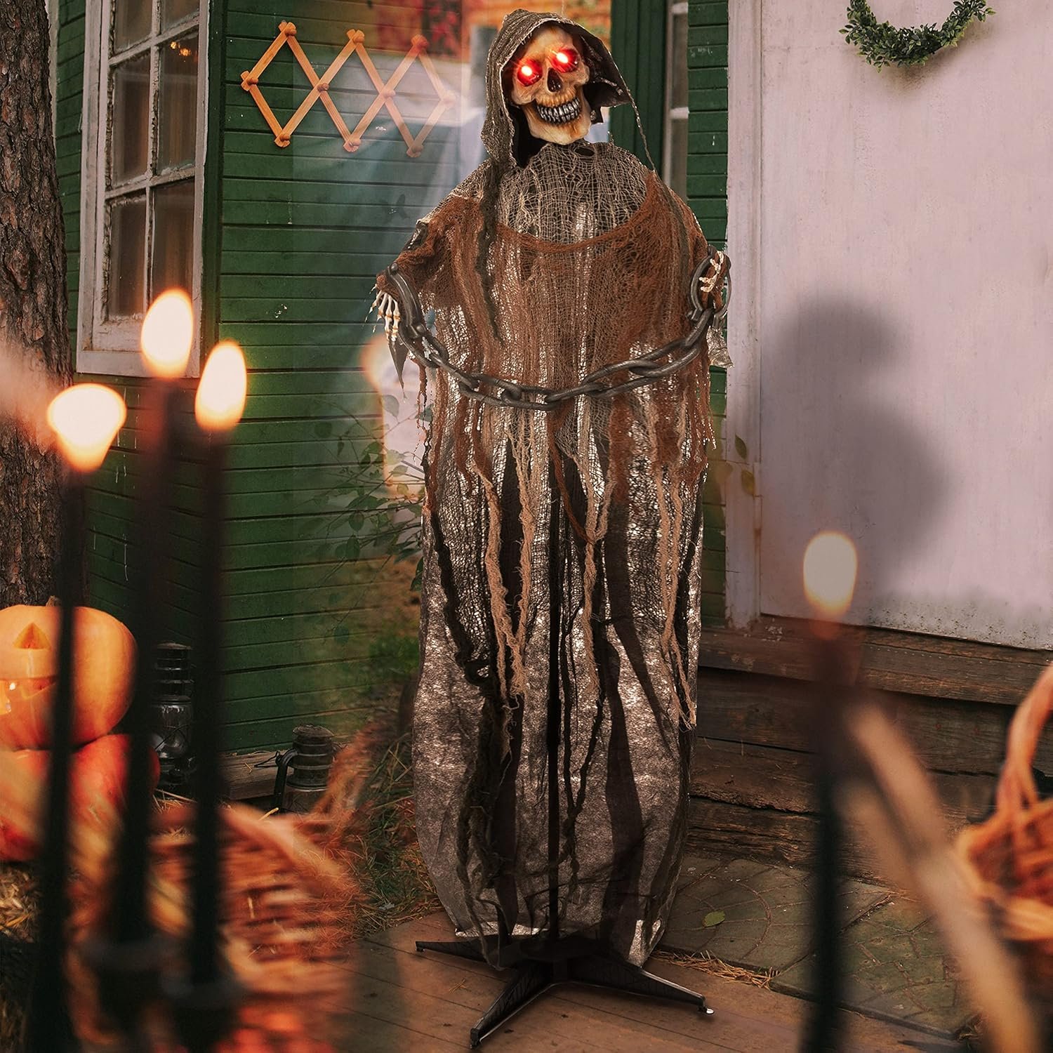 JOYIN 67" Halloween Decorations Outdoor Life Size Animatronics Grim Reaper with Chain, Sound-Actived Party Decor with Creepy Sound, Scary Haunted House Props for Garden Yard Lawn - Image 9