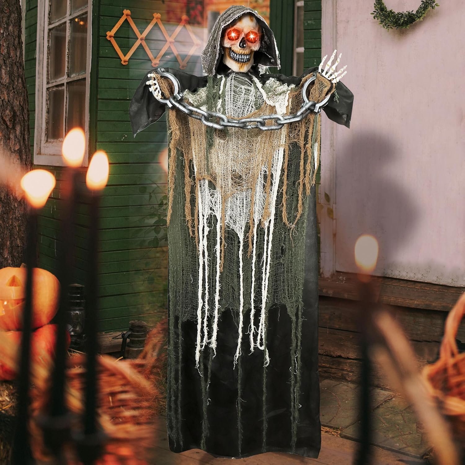 JOYIN 67" Halloween Decorations Outdoor Life Size Animatronics Grim Reaper with Chain, Sound-Actived Party Decor with Creepy Sound, Scary Haunted House Props for Garden Yard Lawn - Image 8